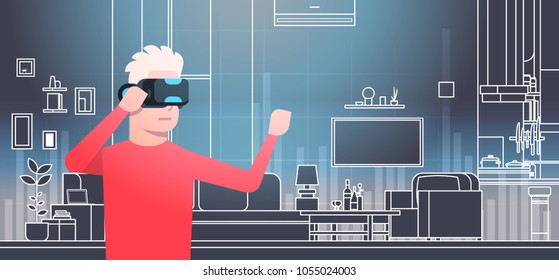 Hombre Usando Glass 3d En Vr Room Interior Concepto De Tecnología De Realidad Virtual Vector de stock