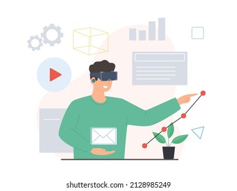 Mann mit 3D-Schutzbrille oder Headset für die Arbeit in einem Virtual-Reality-Konzept für Geschäftsanwendungen