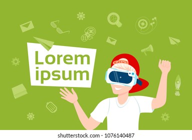 Man Wearing 3d Virtual Reality Glasses Over Abstract Web Icons Modern Vr Technology Concept
