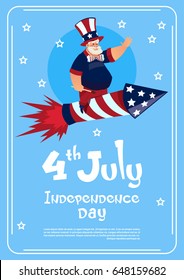 Hombre con un cohete de fuegos artificiales de color con bandera estadounidense celebra el Día de la Independencia de Estados Unidos Ilustración de vectores planos
