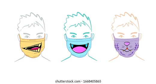 Man Wearing Antivirus Mask With A Funny Face. Protection From Flue.
Mask Hand Drawn Vector Illustration.