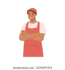 Man wearing apron and cap selling at market, shop or store, kiosk or street stall. Isolated male personage at work. Flat cartoon character, vector illustration