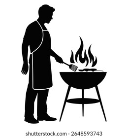 Man wearing apron cooking on a barbecue grill with flames silhouette