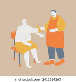 A man wearing an apron helps an elderly man take a bath.