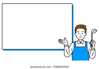 Man wearing an apron holding a ladle and giving an introduction in front of a whiteboard