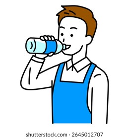 Man wearing an apron hydrates himself with a plastic bottle of water