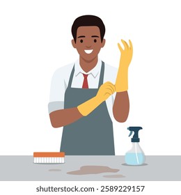 Man wearing an apron and yellow gloves, preparing to clean with a spray bottle and brush on a table. Flat vector illustration isolated on white background