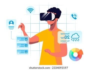 Man wearing AR Smart Glasses to Work in a Display Application. Flat Character Entering Virtual Simulation Style illustration. Isolated on White and Grid Background. Mockup infographic concept.