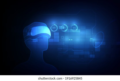 Man wearing augmented reality glasses. Abstract holography with data and graph.