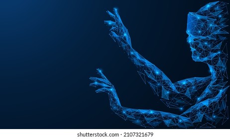 Un hombre con gafas de realidad aumentadas. Administración virtual del mundo. Diseño poligonal de elementos interconectados. Fondo azul.