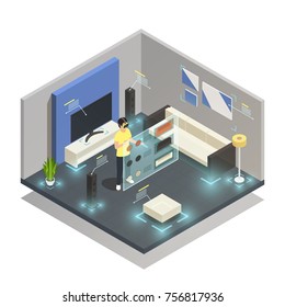 Man wearing augmented reality glasses in modern furnished room isometric composition 3d vector illustration