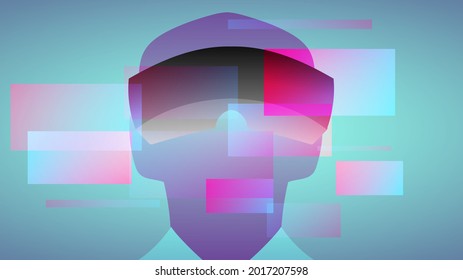 Man wearing augmented Virtual reality glasses  (VR) flat design with neon lines , Digital effect technology , illustration Vector EPS 10