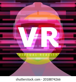 Man wearing augmented Virtual reality glasses  (VR) flat design with neon lines , Digital effect technology , illustration Vector EPS 10