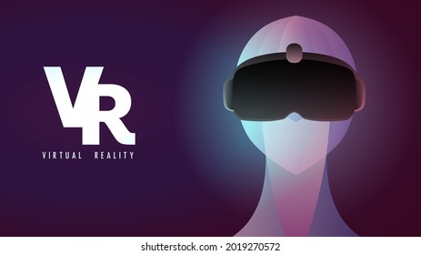 Man wearing augmented Virtual reality glasses  (VR) flat design with neon lines , Digital effect technology , illustration Vector EPS 10