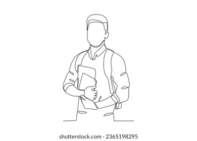 A man wearing a backpack with a book in his hand. International students day one-line drawing