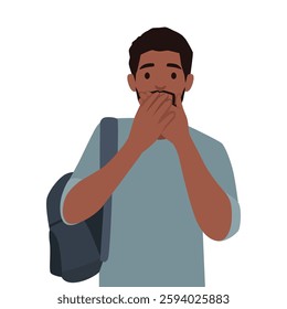 Man wearing a backpack covers his mouth with both hands, conveying shock, concern, or disbelief. Flat vector illustration isolated on white background