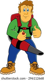 A man wearing a backpack leaf blower blowing leaves in the fall