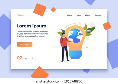 Man wearing backpack, light bulb, Earth globe and green leaves. Innovation, tourist, environment concept. Vector illustration can be used for topics like tourism, nature, ecology