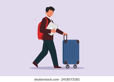 Hombre usando una bolsa y empujando una maleta. Viajar con bolso o maleta. Ilustración vectorial plana de color aislada.