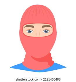 Man wearing balaclava helmet. Trendy worm headgear for cold weather. Facial mask for the whole head to wear under helmet in flat style. Vector illustration