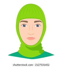 Man wearing balaclava helmet. Trendy worm headgear for cold weather. Facial mask for the whole head to wear under helmet in flat style. Vector