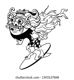 A Man Wearing Barong Bali Mask with sarong traditional clothes from Indonesia and Surfing the Beach Coloring Book Cartoon Vector