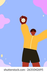 man wearing baseball glove jumping to catch ball, sports action and competition concept
