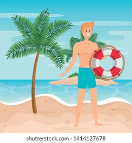 man wearing bathing shorts with float and palms trees