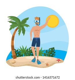man wearing bathing shorts with snorkel masks and leaves plants