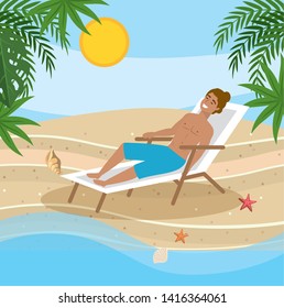 man wearing bathing shorts and taking sun in the tanning chair