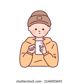  A man wearing a beanie hat is holding a smartphone in one hand and touching with the other. outline simple vector illustration.