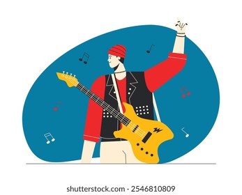 Homem vestindo chapéu gorro e camiseta vermelha com muitos coletes de stud, e carregando guitarra de metal, estilo fresco, suas mãos formando símbolo de rock, espírito e ilustração vetorial rock n' roll enérgico.