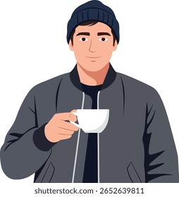 Homem vestindo um gorro e jaqueta segura uma xícara de café branca e olha para o espectador.