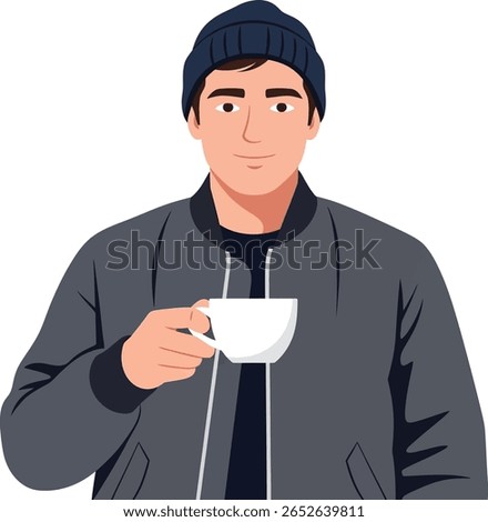 Man wearing a beanie and jacket holds a white coffee cup and looks at the viewer.