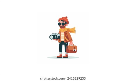 man wearing a beanie taking a photo. Male photographer holding a camera,Cartoon vector illustration.