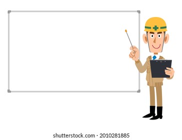 Ein Mann mit beigem Arbeitskleid und einem Helm, der mit Materialien und einem Zeiger zu erklären ist, und einem einfachen Whiteboard