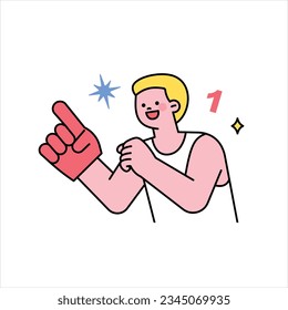 A man is wearing a big hand cheerleader and cheering. Supporters cheering for a sports team. outline simple vector illustration.