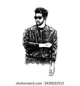 Ein Mann trägt eine schwarze Brille, die seinen Pullover Ärmel zieht, Illustrationsvektor