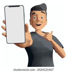 A man wearing a black shirt and black hair gives a thumbs up with one hand and holds a phone with the other. Mockup illustration vector cartoon illustration
