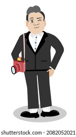 hombre con traje negro con concepto de caricatura de diseño plano de cámara. vector, ilustración