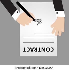 A man wearing black suits put hands on table and sign a mutual agreement