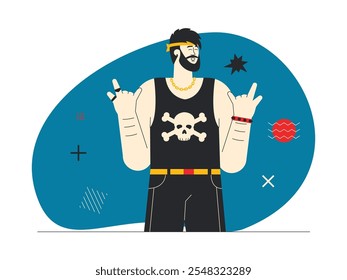 Homem usando top tanque preto com imagem de crânio, jeans, e pulseira, colar de corrente de ouro e anel, seu cabelo é longo e bagunçado, bandana em sua cabeça, rock n' roll ilustração vetor.