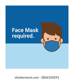 A man wearing a blue face mask with a sign that reads Face Mask required
