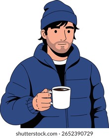 Homem vestindo uma jaqueta e gorro azul, segurando uma caneca de café.
