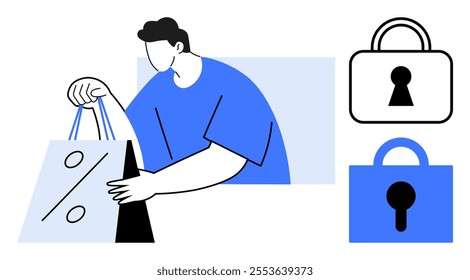 A man wearing a blue shirt holding a shopping bag with a discount symbol next to two, padlock icons Ideal for themes of online shopping security promotions retail discounts and data protection Modern