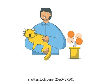 Man wearing a blue shirt holding his favorite cat at home. Character design. Vector flat illustration