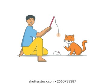 Man wearing blue shirt playing with cat using feathers. Enjoying time with a favorite pet. Character design. Vector flat illustration