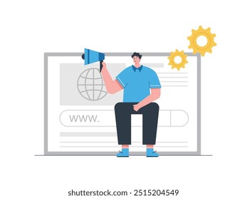 Man wearing blue shirt sitting with megaphone on laptop, SEO marketing. Character design. Vector flat illustration