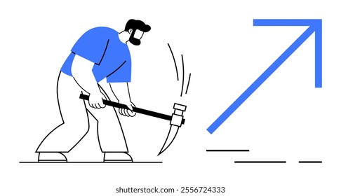 A man wearing a blue shirt uses a pickaxe, striking the ground. An upward arrow next to him symbolizes positive growth. Ideal for business, labor, productivity, progress, and determination