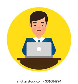 Man Wearing Blue Shirt Using Laptop Computer